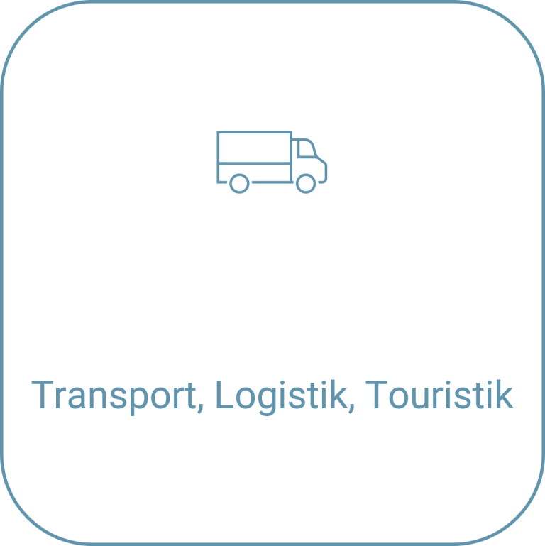 Symbol eines Transportfahrzeugs mit den Worten: Transport, Logistik, Touristik.