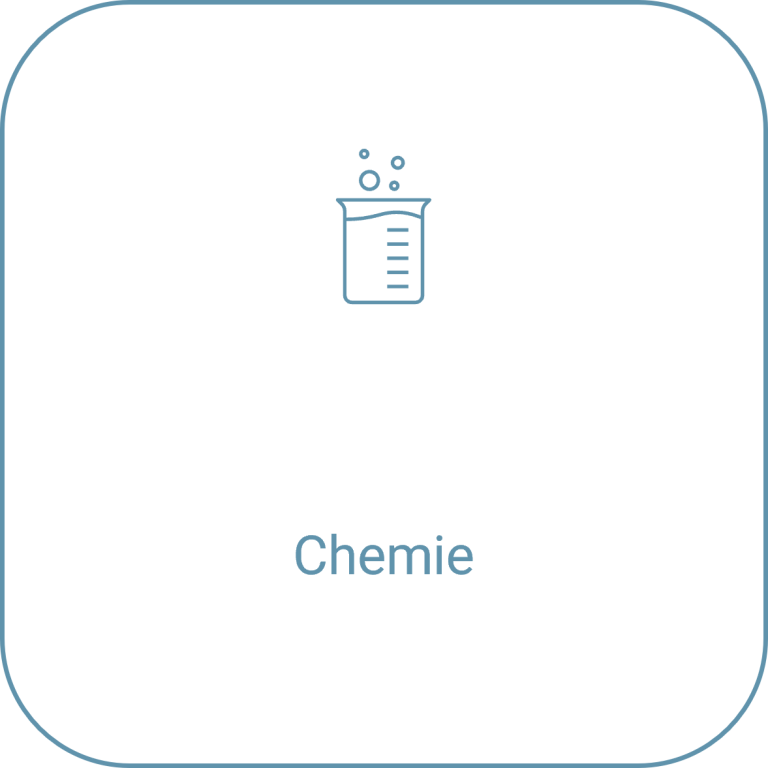 Symbol eines Messbechers mit Blasen, beschriftet mit „Chemie“.