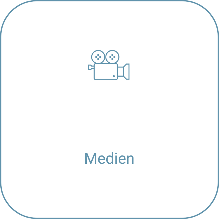 Symbol einer Kamera mit dem Wort „Medien“ darunter.